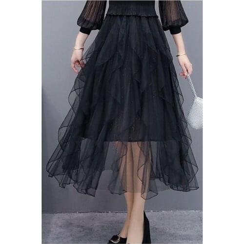 Early Spring 2021 Female French New Dress Large Size V-Neck Mesh Fake Two Pieces Of Chiffon Long Pleated Skirt Fairy Vestidos364