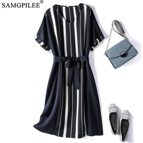 Summer Clothes For Woman 2021 New Fashion Korean Style Striped Knee Length Chiffon O Neck Short Sleeve Women Dresses Plus Size