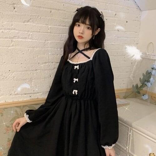 2020 New Autumn Vintage Sweet Women Dress French Square Collar Black Dress Long Sleeve Retro Bellflower Dresses Female bing
