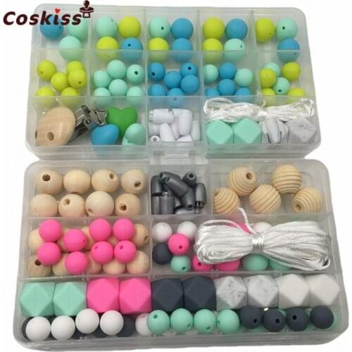 2 Boxes Baby Teether Toys Silicone Teething Pacifier Clip Kit Geometric Hexagon Silicone Teether Beads DIY Baby Nursing Necklack