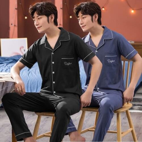 2020 Summer Plus Size Short Sleeve Long Pants Pajama Sets for Men Sleepwear Suit Pyjamas Male Homewear Lounge Wear Home Clothes