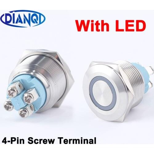 22mm Nickel plated brass metal push button switch led ring round momentary 4 screw terminal car switches Blue yellow red