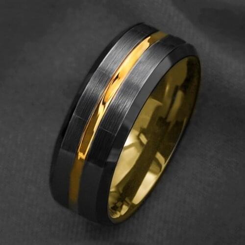 8mm Black Fashion Men Rings Brushed Tungsten Ring Gold Line Engagement Wedding Band Anniversary Jewelry Men Rings