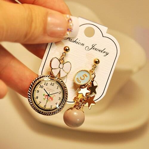 Hypoallergenic Bowknot Asymmetrical Hour Watch Cute Earrings Pendant Ear Long