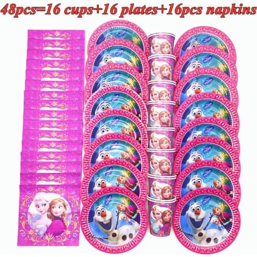 48/32 pcs Frozen Anna Elsa Theme Snow Queen Party Supplies Disposable Tableware Set Paper Cup Plate Napkins Birthday Decorations