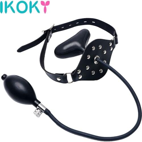 IKOKY Sex Toys for Couples Oral Fixation Mouth Stuffed Inflatable Flirting Restraints Mouth Gag Adult Games PU Leather Band