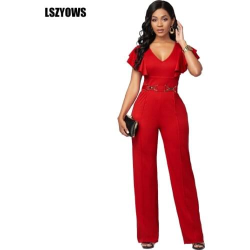Women Red Jumpsuits Sexy V-Neck Ruffles Sleeve High Waist Elegant Jumpsuit Wide Leg Pants Romper Office Lady Work Party Overalls