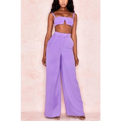 High Quality Purple Fashion Strap Short Top With Pants Solid 2 Pieces Sets Womens Sets Night Club Party Clothing
