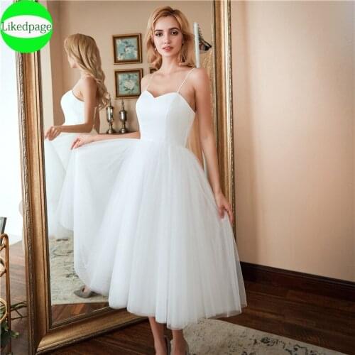 Short Wedding Dress 2021Spaghetti Straps Robe De Soirée De Mariage Simple Tulle Prom Party Mid-Calf Bride Gown Vestido Novia