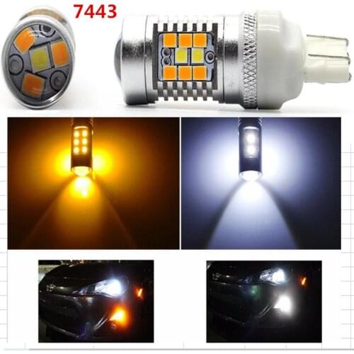 2Pcs Extremely Bright SMD 2835 Chip White/Amber(Orange) 7443 T20 W3x16q W21/5W 7444NA Switchback LED Bulbs For Turn Signal Light