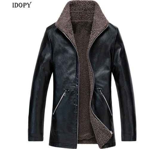 Idopy Winter Warm Mens Faux Leather Trench Coats Men Fleece Lined Parkas Overcoats Luxury Slim Long Coats Plus Size M-8XL