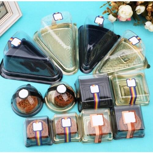 50pcs Disposable Cake Box Plastic Triangle Round Square Moon Cake Tray Egg-Yolk Puff Container Baking Party Packing Box