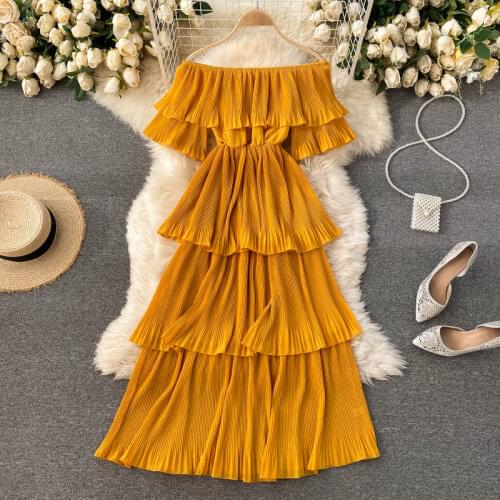 Sexy Off-the-shoulder Short Sleeved Cakee Layered Ruffles A-line Long Dress Sweet Candy Tiered Long Pleated Chiffon Dress