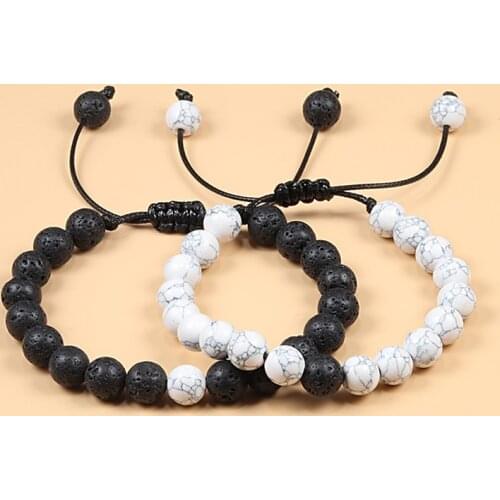 Braided Rope Couple Set Bracelet Black White Beaded Natural Tiger Eye Lava Stone Bracelets Charm Jewelry Gifts for Bets Friends