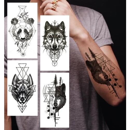 Realistic Wolf Temporary Tattoo For Men Women Adult Geometric Black Panda Tattoos Sticker Creative Coyote Fake Tatoos Hands Legs