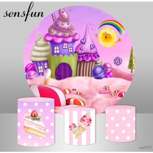 Sensfun Round Circle Candyland Ice Cream Party Backdrops For Girls Birthday Party Baby Shower Pink Candy Bar Backgrounds Custom
