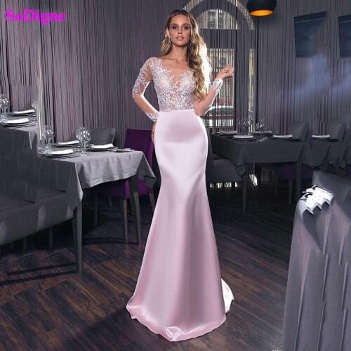 SoDigne Lace Satin Prom Dresses Illusion Jewel Long Sleeve Backless Evening Gowns Mermaid Formal Party Dress