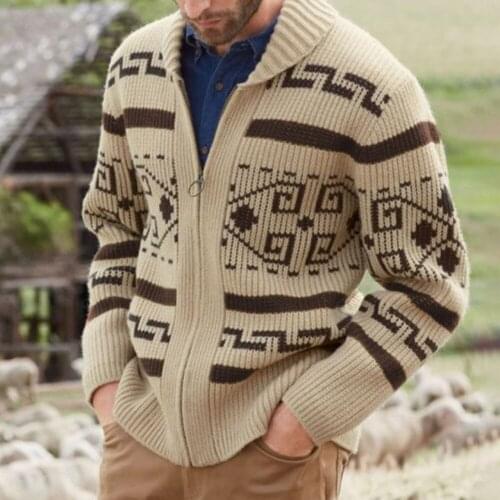 Thin Cardigan Mens Sweater Autumn Winter Zipper Beige Knitted Jacket Coat Oversize M-4XL Geometric Print Fashion Men Sweaters