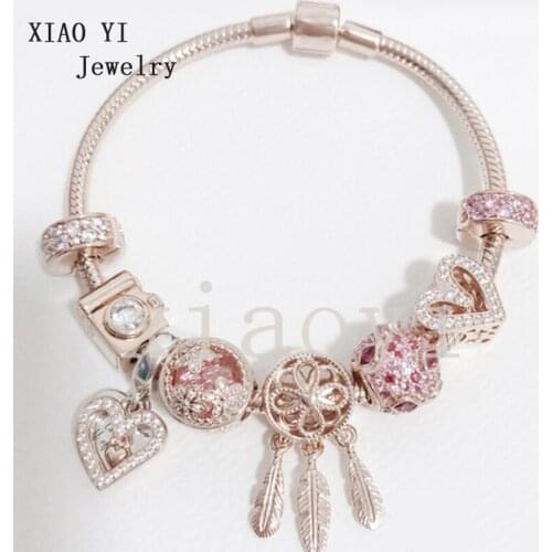 XIAOYI 2020 New 100% S925 Rose color dream camera love heart dense zircon clip Fashion DIY jewelry bracelet for girlfriend