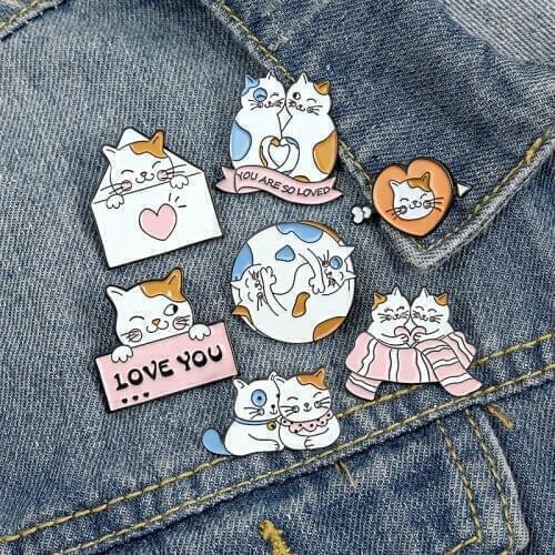 I LOVE YOU Cat Enamel Pins Custom Cartoon Cat Brooches Lapel Pin Shirt Bag Funny Animal Badge Jewelry Couple Gift
