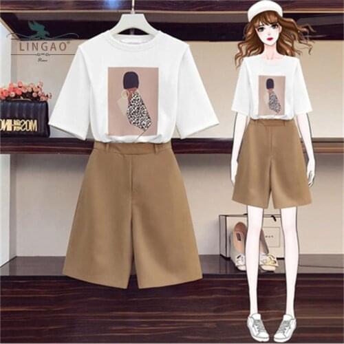 Womens 2021 Summer New Girl Is Thin And Oversized Ladies Sweet Casual T-Shirt Covering Belly Western Style Shorts Two-Piece Set