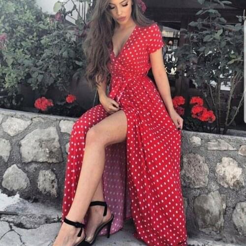 Women Sexy Print Dresses Short Sleeve Dot Bandage Long Tulle Dresses Deep v-neck Dress Side Split Summer 2021 Bohemian Dress
