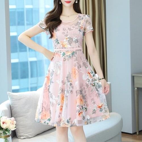 2021 Vestidos Slim For Women Chiffon Lace O-Neck Dresses Short Sleeve Blue Pink Print Womens Summer Party Lady M-3XL Dress