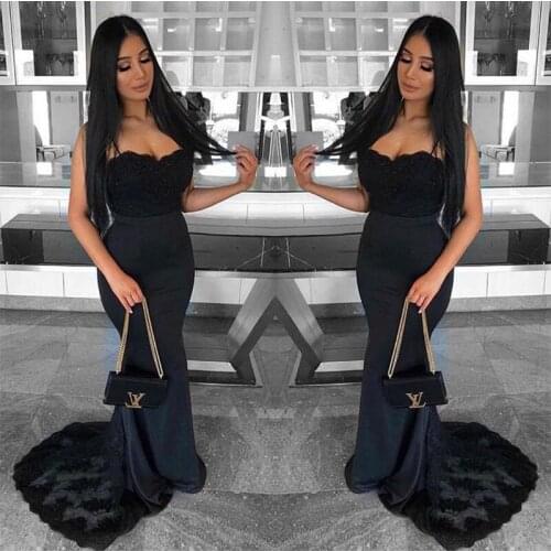 Robe De Soiree Sweetheart Mermaid Bridesmaid Dresses Black Satin Appliques Formal Wedding Party Dresses Sweep Train