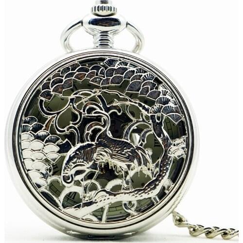5pcs/lot Retro Elegant Carving Double-Crane Necklace Skeleton Hand-winding Pocket Watch Women Men Mechanical Pendant PJX1190