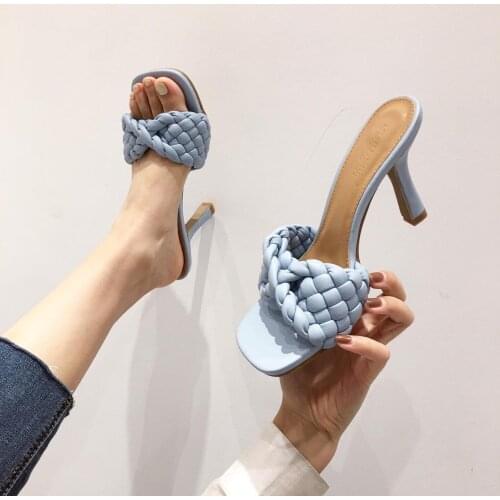 Brand Ladies Slippers Women Weave Open Toe Slip On Slides Thin Heels Party Dress Sandals Sexy High Heels Shoes Big Size 41 42