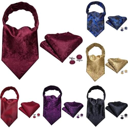 Gold Red Mens Vintage Silk Cravat Ascot Tie For Men Blue Scarf Paisley Floral Jacquard Tie Set Hanky Cufflinks Barry.Wang