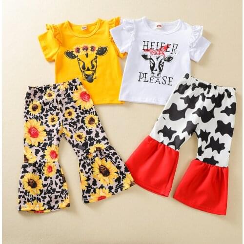 Kids Suit Set Summer Flower Print Round Neck Short Sleeve Pullover+ Flared Trousers for Girls 1-5 Years