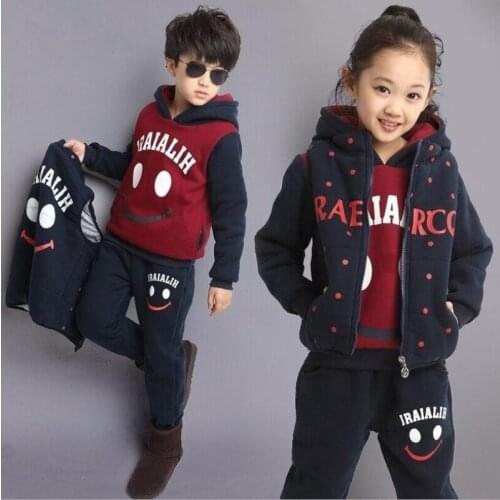 Children plus velvet three-piece suit autumn and winter thickened small middle-aged big boy boy girl child kid set 10 years old