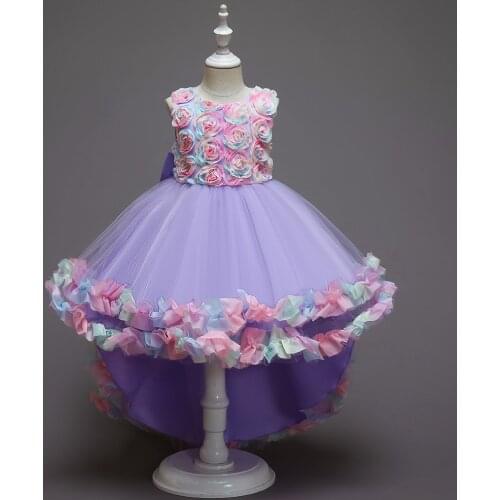 Elegant Western Style Flower Kid Wedding Dress 3D Rose Pattern Clothing for Girls of 10 Year Old Long Tail Pink Gown