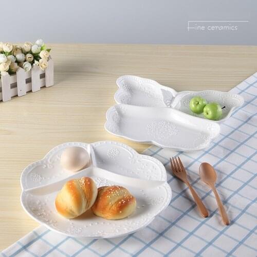 10inch, white embossed porcelain snack food serving dishes, ceramic divided snacks platter for potato chips, kids seperate dish