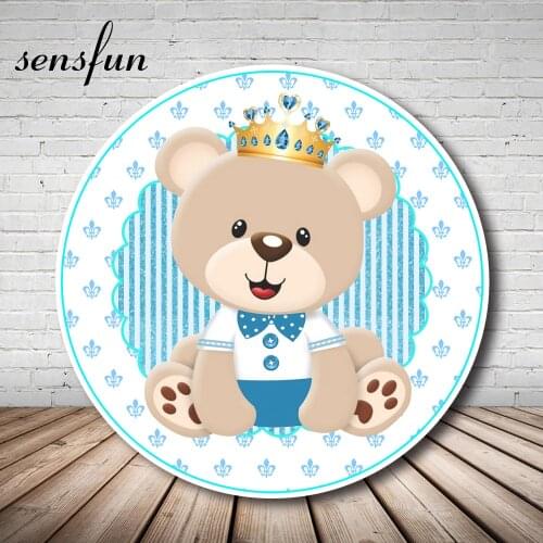 Photography Background Blue theme Cartoon Bear Baby Shower Backdrops For Kids 1st Birthday Banner Prince Boy Round Backdrop