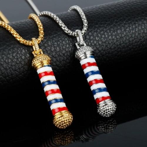 Hot 26 Style Hip Hop Barber Shop Tools Necklaces 3D Barber Pole Razor Dryer Scissors Comb Hairdresser Pendant Collier Jewelry