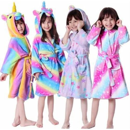 New Winter Cartoon Childrens Unicorn Animal Flannel Robe Baby Bathrobe Boy Girls Long Sleeve Hooded Kids Bath Nightwear