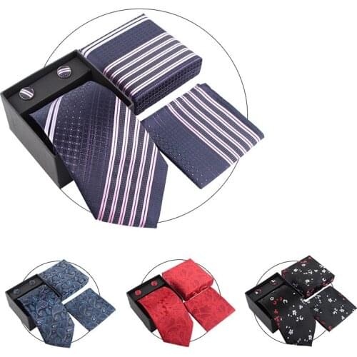 HOOYI men fashion Stripe neck tie set neckties cufflinks silk ties pocket handkerchief Gift Box