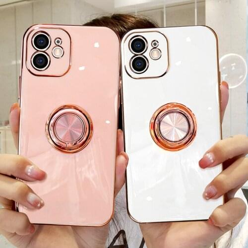 Luxury Plating Soft Silicone Case For iPhone 12 11 Pro Max XS XR X 7 8 Plus iPhone12 Phone Magnetic Cover With Ring Holder Stand