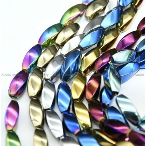 Rainbow Color Plating Twisty Oval Shape Hematite Strand Loose Beads Navy Blue Gold Silver For Jewelry Making