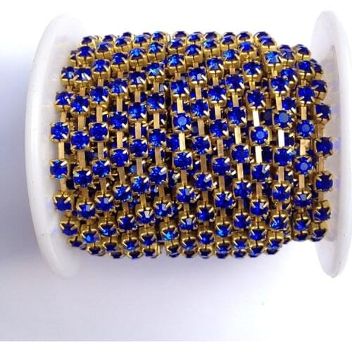 Sew on Crystal Rhinestones Chain SS6 to SS38 10 yards/roll Gold Base Sapphire Rhinestone Chain
