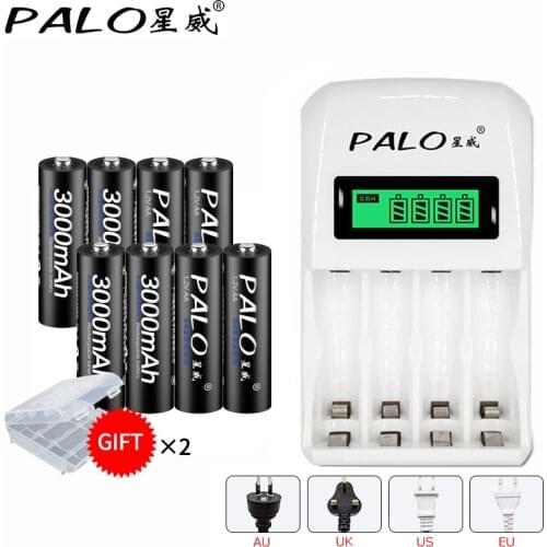 PALO 4slots smart Battery Charger for 1.2V AA / AAA NiCd NiMh rechargeable batteries+8pcs 1.2v AA rechargeable battery