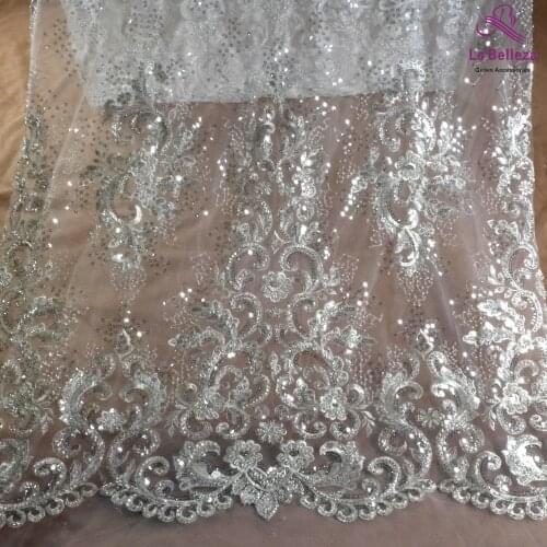 La Belleza 2021 fashion bridal lace,high patterns beading lace fabric,silver beading wedding dress lace fabric 51'' width 1 yard