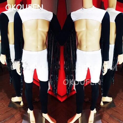 Theme performance party costume dance team leader costume nightclub bar male singer DS sexy muscle tassel costume set