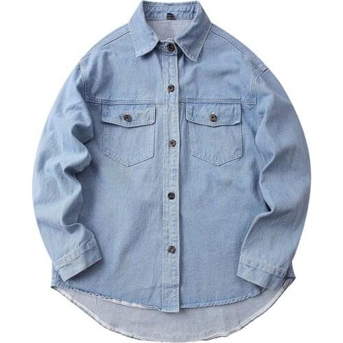 Vintage Men Shirt Pure Cotton Oversize Long Sleeve Fashion Mens Dress Shirts Denim Casual Double Pocket Streetwear Clothing