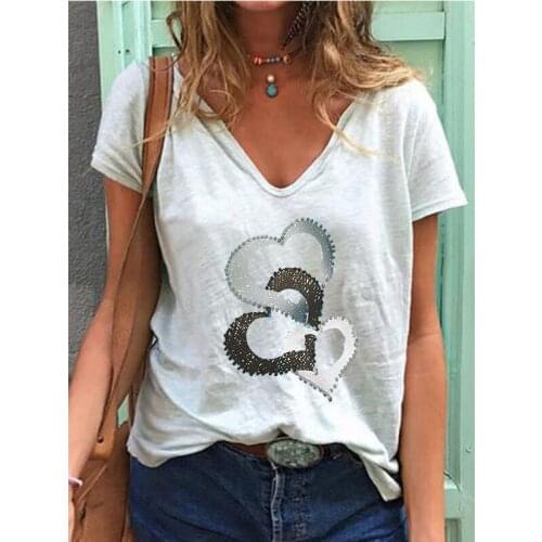 Summer V-neck Short Sleeve Tops Heart Print Ladies T-shirt Casual Solid Color Blue Gary Vintage Loose Pullover Women T-shirts