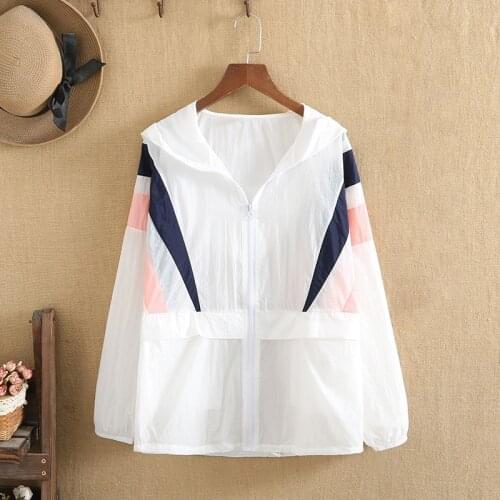 Plus Size Women Clothing Thin Breathable Fabric Color Geometric Pattern Stitching Zippers Large Size Thin Hooded Jacket Summer