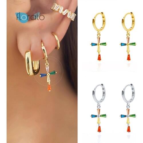 925 Sterling Silver Ear Buckle Colorful Crystal Cross Pendant Hoop Earrings for Women Fine CZ Earrings Valentines Day Present