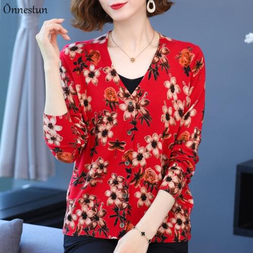 Floral Print Female Cardigan Autumn Spring Knitted Sweater Women Korean Fashion Long Sleeve Top Plus Size Soft Cardigans Women